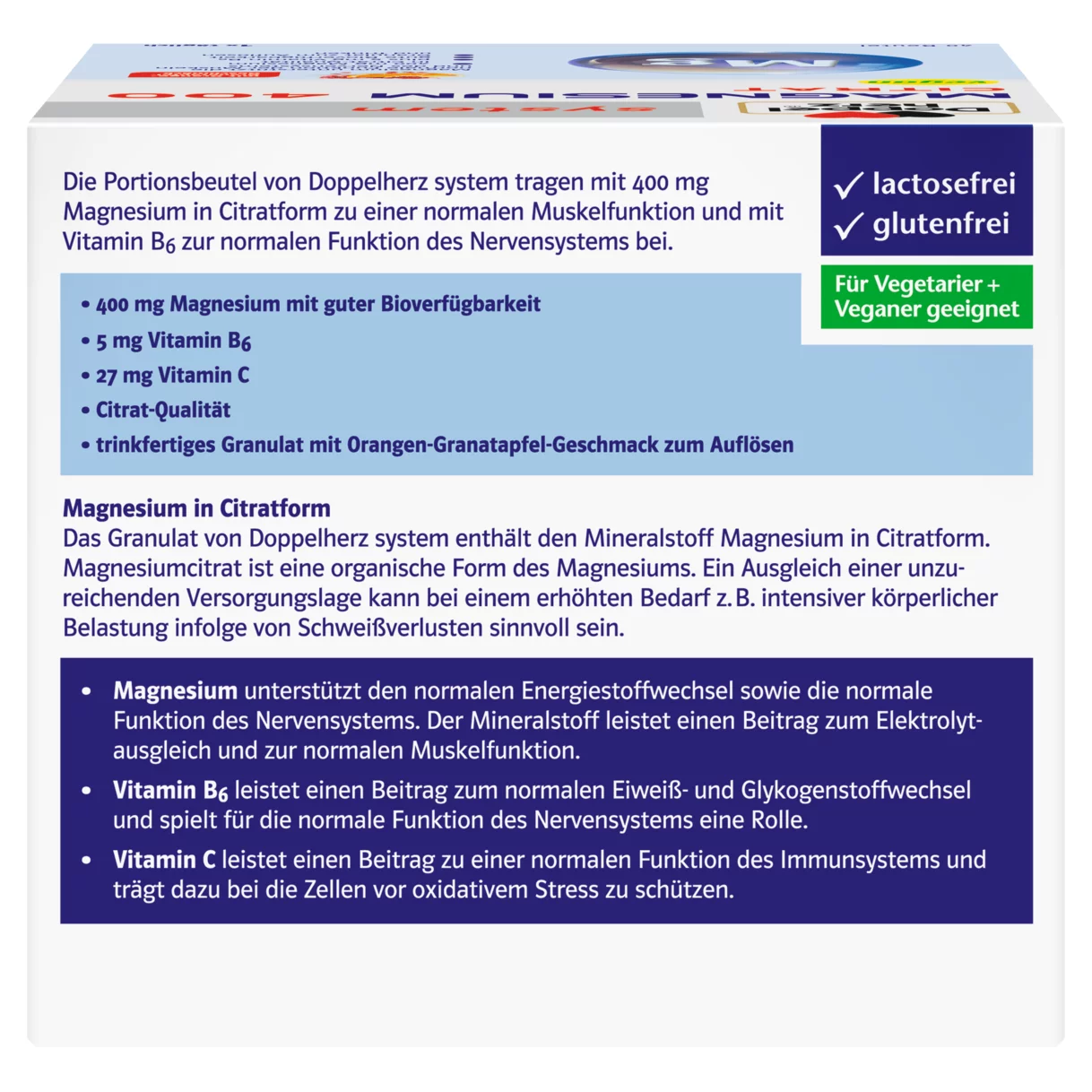 Abbildung der Produktverpackung Doppelherz system MAGNESIUM 400 CITRAT Rückansicht